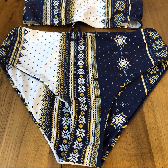 NWOT SHEIN High Waisted Bohemian Bikini Blue White Vertical Patterned Stripe - Picture 2 of 7